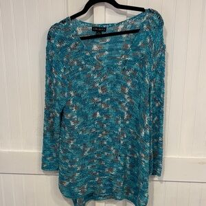 Tribal teal Blue & white open knit, long sleeved top/cover-up size XL